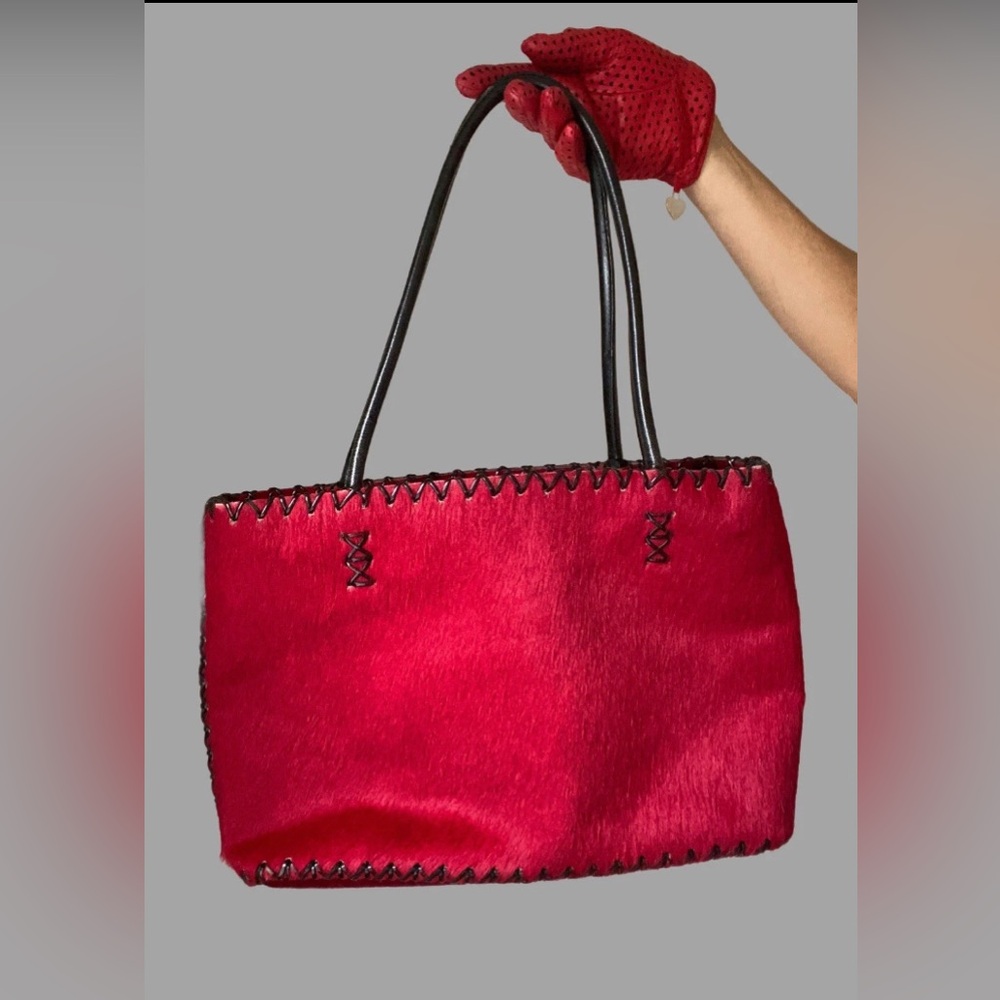 Y2K Vintage Maliparmi Unique Red Calf Hair leather Tote Bag italy